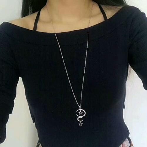Sterling Silver 925 Original OL Women Charms Inlay Zircon Luxury Maiden Long Cross Chain Pendants Necklace Stylish Star and Moon