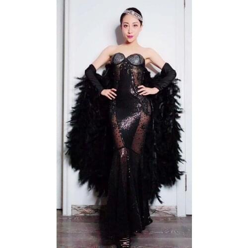 Sexy Black Feathers Bat Sleeve Sequins Crystals Strapless Dress Prom Celebration Star Singer Stage Outfit Model Catwalk Costume