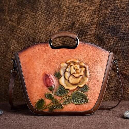 2021 Winter Retro Hand Painted Women Bag Ladies Genuine Leather Elegant Rose Handbag First Layer Cowhide Large Shoulder Bags Sac
