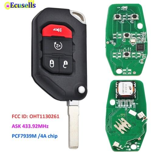 3+1/4 Button Folding Remote Key ASK 433.92MHz PCF7939M HITAG AES 4A CHIP for Jeep Wrangler Gladiator FCC ID: OHT1130261 SIP22