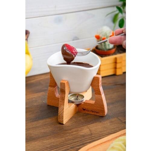 White Porcelain Bowl Fondu Fork Wooden Standing Fondue Set