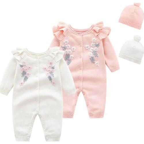 2021Kids New Knitting Spring Autumn Girl Embroidery Rompers + Hat Baby Girl Newborn Rompers Clothes Baby Girl Rompers