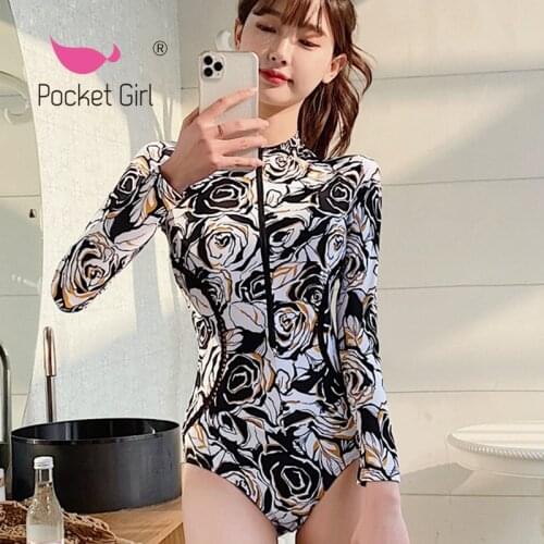 Pocket Girl 2021 Print Floral One Piece Swimsuit Women Swimwear Monokini Long Sleeve Female Bathing Suit Surfing Bodysuit Swim