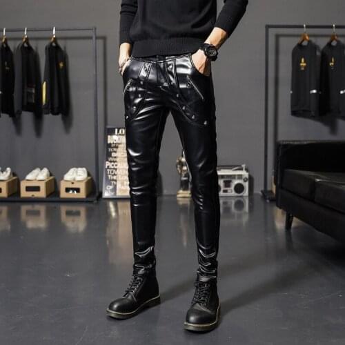2021 youth rivet zipper decoration motorcycle leather pants, personality street fashion casual skinny foot PU leather pants