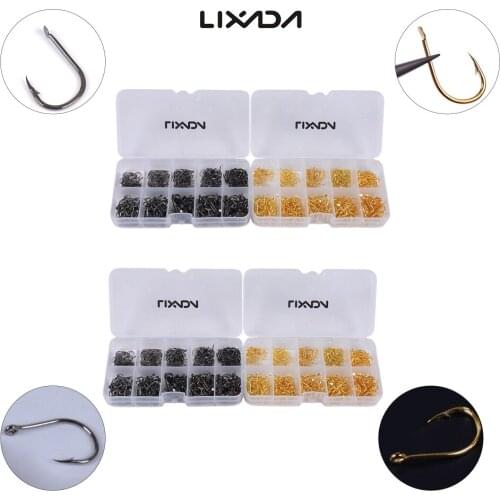 Lixada 600pcs 3# -12# 10 Sizes Fish Jig Hooks with Hole Fishing Tackle Box Carbon Steel Gold Golden Fishing Accessories