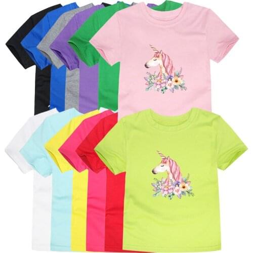 Cute Girls Clothes 2 to 14 yrs New Summer Unicorn Rainbow Color Cartoon Paint T Shirt Boys Shirt Cotton Unicornio for Girls Tees
