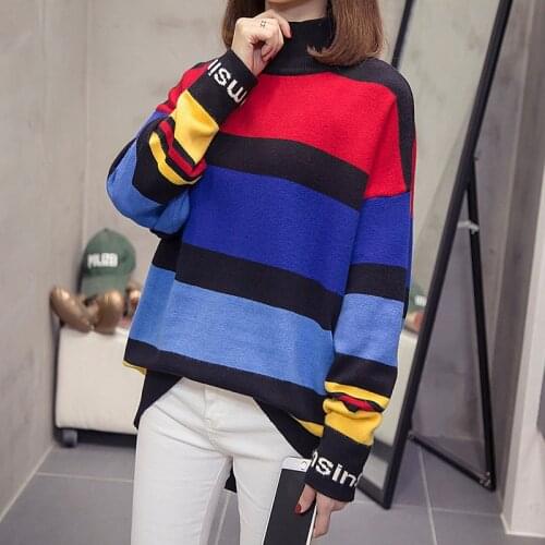 New fashion 2021 Autumn Winter Sweater for women Street casual knitting Pullovers Loose striped long sleeve Korean Style Tops