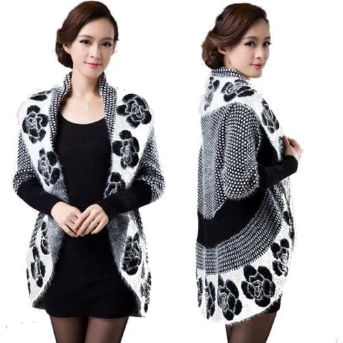 2020 Fall Women Fashion Flower Mohair Knit Shawl Cardigan Sweater colorblock Korean Style Long Sleeve Medium Long Sweaters tops