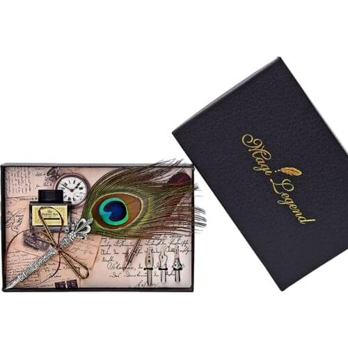 Vintage Handmade Peacock Feather Quill Dip Fountain Pen + Writing Ink 3 Nibs Kit Set with Gift Box