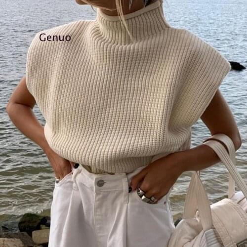 Turtleneck Sleeveless Vest Sweater Women with Shoulder Pads Knitted Pullover Autumn Winter Jumper Casual Tops Fashion