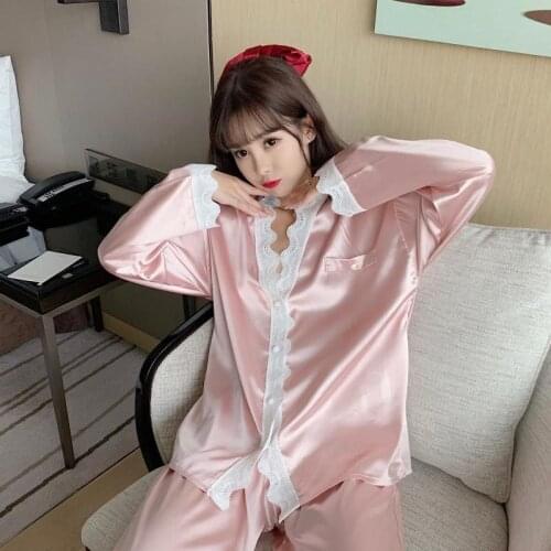 Sexy pajamas women long sleeve silky nightwear set 2020 new casual loose home wear lace sleepwear пижама комплект pink white