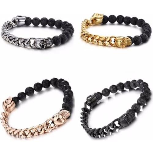 Silver Color/Gold/Rose Gold/Black Color Fashion Mens Stainless Steel Skull 8mm Lava Stone Beaded Charm Bracelet Bangle 8"