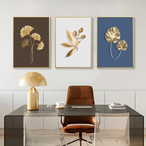 Modern Personality Luxury Decor Painting Gold Plant Leaves Canvas Sofa Background Leaf Wall Picture Print Poster Living Room