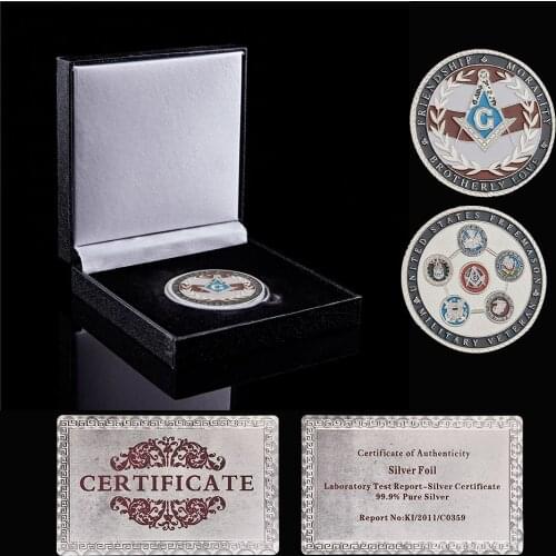 USA Freemason Military Challenge Brotherly Love Friendship Morality Veteran Masonic Silver Coin W/ Luxury Box Display