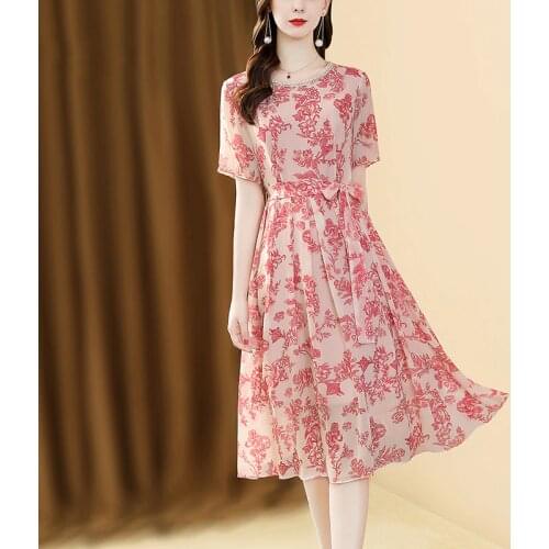 Only Plus Drawstring Loose Printed Dress Women Summer Short Sleeve Chiffon Pink Vintage High Waist Elegant Dress A-Line 2021 New