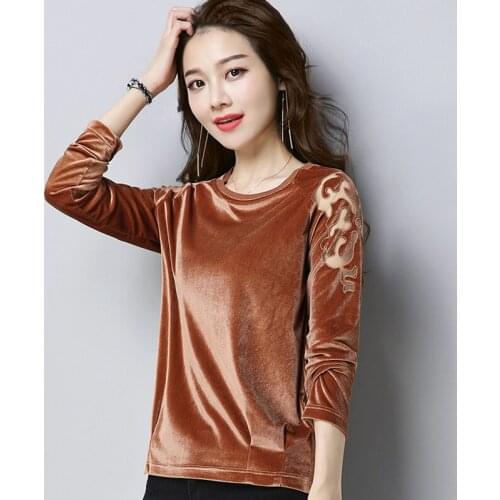 Spring Fall Casual Women Ladies Black Green Long Sleeve Hollow Out Velour Tee Shirt , Tees Tops For Woman , Female Velvet Shirts