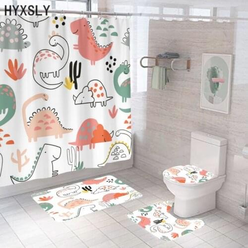 Cute Dinosaur 3D Print Waterproof Shower Curtain 4pcs Carpet Cover Toilet Lid Bath Mat Pad Set Bathroom Decor Screen with Hooks