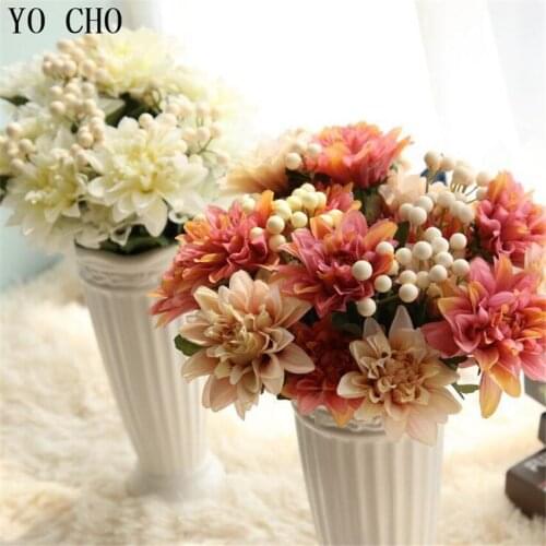 YO CHO 1 Bouquet 6 Head Dahlias Artificial Flowers Fall Vivid Fake Leaf Silk Flower Wedding Flower Gift Bridal Bouquets Decor