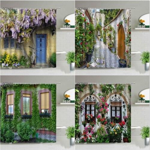 Rural Street Scenery Shower Curtains Flowers Plant Background Wall Decor Hanging Curtain Bathroom Decors Toilet Partition Screen