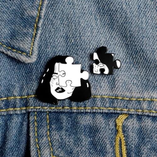 Punk Woman Face Jigsaw Puzzle Lapel Enamel Pins Special Couple Brooches Badges Clothes Bags Pins Gift for Friends