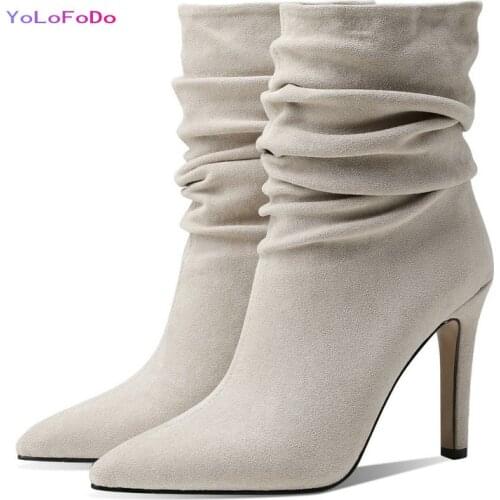 Black Beige Brown Women Knee High Boots Faux Suede Pointed Toe Thin High Heel Ladies Short Boots Autumn Winter Womans Boots