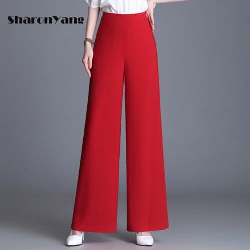 2021 Summer New OL Elegant Womens Baggy Chiffon Wide Leg Pants Straight Flat Thin High Waist Plus-Size M-6XL White Red