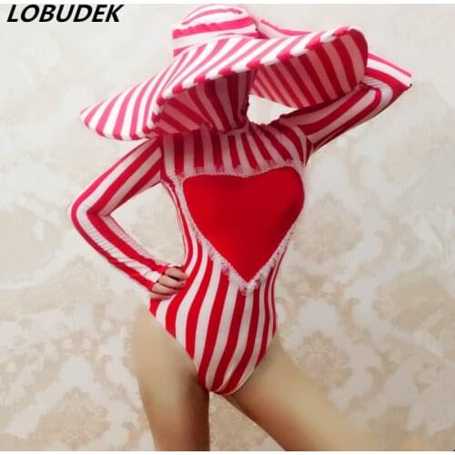 Festival Bar Party Female Show Stage Outfit Red White Stripe Mask Bodysuit Big Hat Sexy Costume Nightclub Dance Performance Wear
