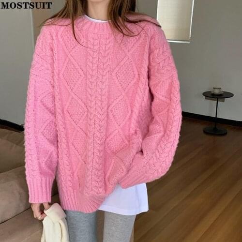 Winter Twisted Knitted Pullover Sweater Women Full Sleeve -neck Thicken Warm Jumpers Solid Loose Soft Ladies Tops Knitwear 2021