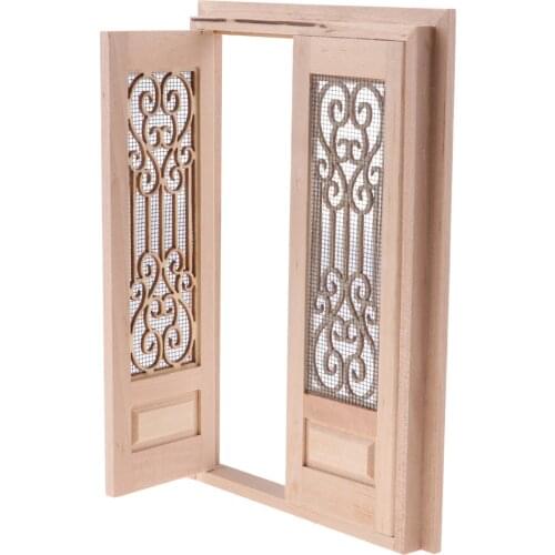 1/12 Doll House Miniatures Wood External Hollow Screen Double Door Unpainted Handcraft