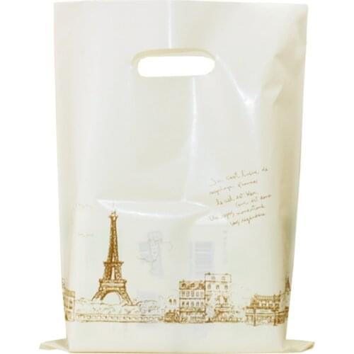 45pcs Beige Eiffel Tower Plastic Tote Bag Shopping Gift Clothing Packaging Bag Large, Medium and Small Plastic Bag Wholesale