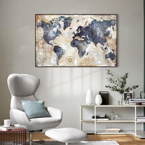 Abstract Vitage Large Old World Map Wall Art Canvas Painting Posters and Prints Pictures Art for School Living Room Wall Decor
