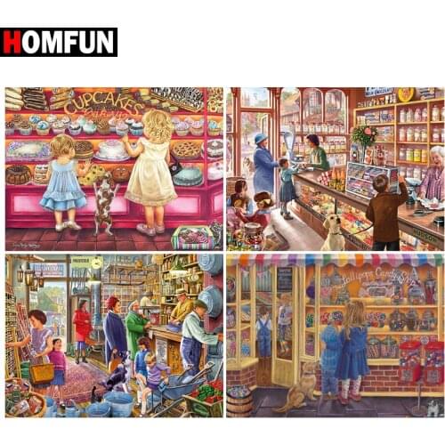 HOMFUN Diamond Painting Full Square/Round Drill 5D DIY "Shop people scenery" Daimond Embroidery Rhinestone Cross Stitch Decor