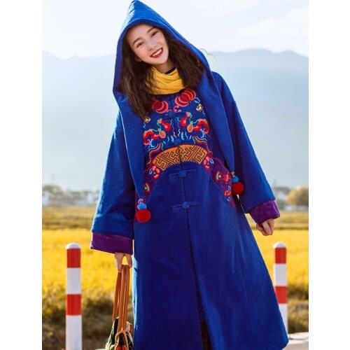 Free Shipping Long Mid-Calf Winter Corduroy Women Outerwear Single Breasted S-L Blue Chinese Style Embroidery Detachable Hood