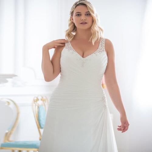 Beading V-neck Sleeveless Ruched Pleats Chiffon Beach Wedding Gowns Sexy Plus Size Wedding Dress Robe De Mariage