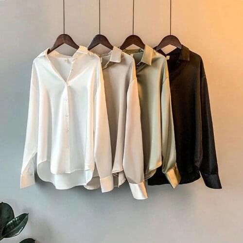 Female Elegant Satin Blouse Shirt Vintage Long Sleeve Button Up Shirts Top Spring Fashion Casual Women High Quality Blouse