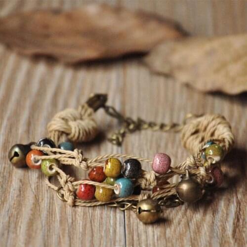 Ceramic Beaded Multilayer Bracelets For Women Bell Pendant Charm Bracelet Jewelry Ethnic Rope Knot Charms Statement Bangle Men