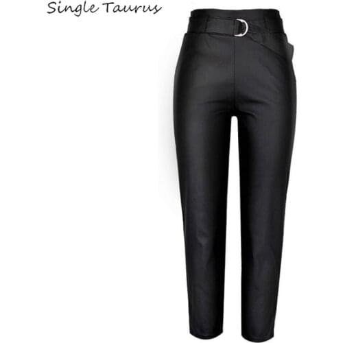 Women Leather PU Pants with Sashes Cargo Streetwear Ropa Mujer High Waist Coated Denim Harem Pantalon Femme Black Leather Pants