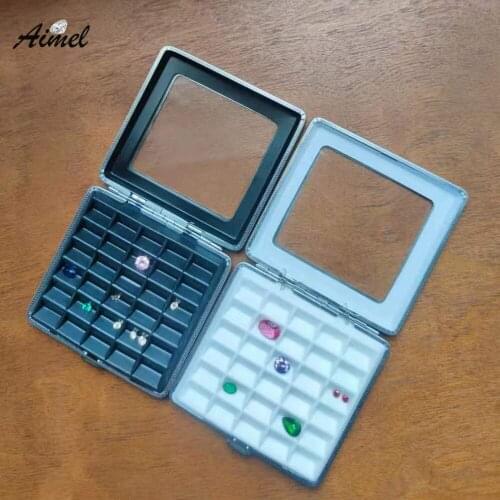 New 30 Cells Diamond Storage Box Metal Gem Stone Display Organizer Case Glass Cover Genstone Carry Showcase Locked Gem Box