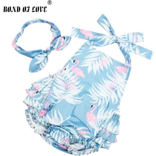 Baby Clothes Cotton Ruffled Flamingo Style Baby Girls Rompers & Headband Set New Born Baby Clothes Summer Baby Costume 0-3 Years