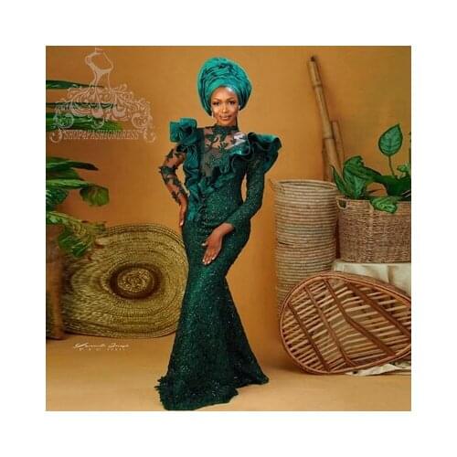 Elegant Green Sequin Lace Mermaid Evening Dress Aso Ebi V Neck Ruffles Prom Gowns Plus Size Formal Party Dress Vestido