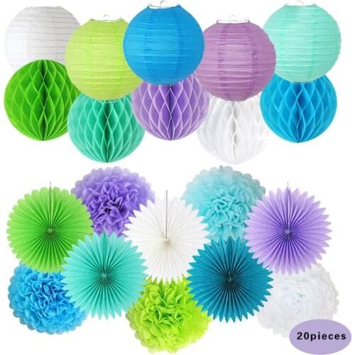HAOCHU 20pcs/set Multi Size Paper Pom Pom Chinese Round Paper Lantern Tissue Fan Hanging Decoration for Wedding Party Festive