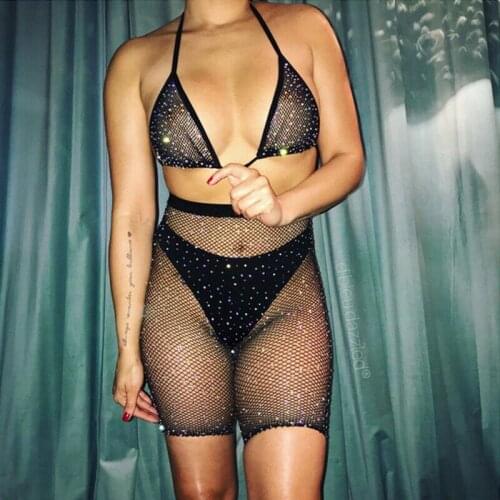 Hirigin 2 Piece Set Women Summer Nightclub Runway Fishnet Crop Top And Biker Shorts Woman Sets Cocktail Party Club Outfits