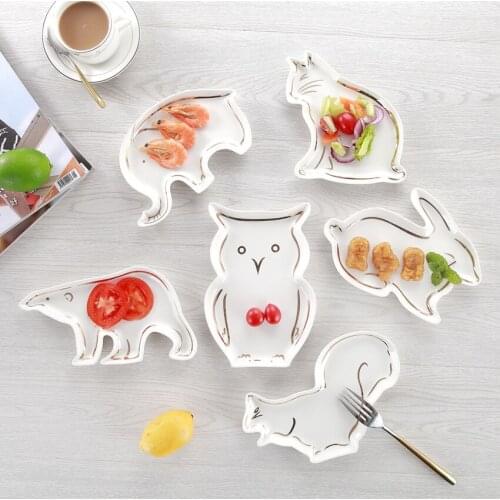 Creative Animal White Gold Ceramic Plate Porcelain Dish Cat Rabbit Squirrel Kid Decorative Jewelry Tray Dessert Relish Storage