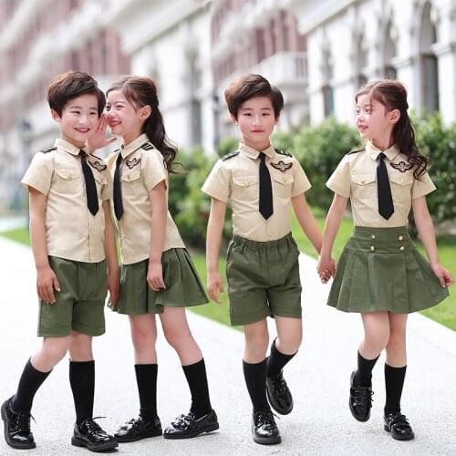 Student Kids School Training Army Suit Children Boys Military Uniform Summer Camouflage T-shirt+shorts/skirt Tactical Set 2pcs
