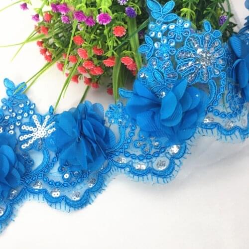 1Yard 13.5cm wide 3D blue lace car bone beaded sequins embroidered lace dress wedding headdress lace ribbon SC045