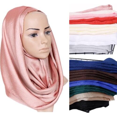 Fashion Plain Shimmer Silk Hijabs Scarf Glossy Shawls Glitter Muslim Ladies Headscarf Solid Color Soft Head Wraps 1PC Retail