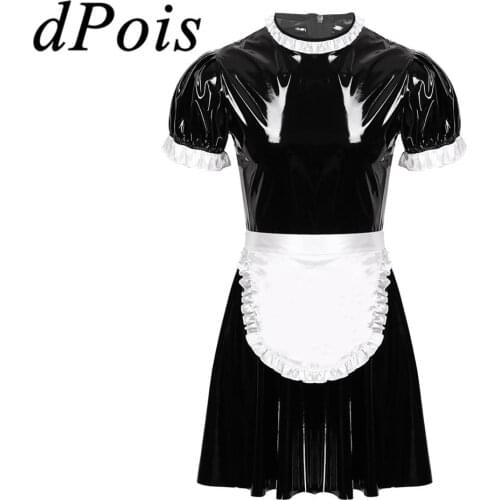 Mens Sissy Maid Cosplay Costume Set Homme Gay Short Puff Sleeve Wet Look Patent Leather Maid Servant Flared Uniform Dress +Apron