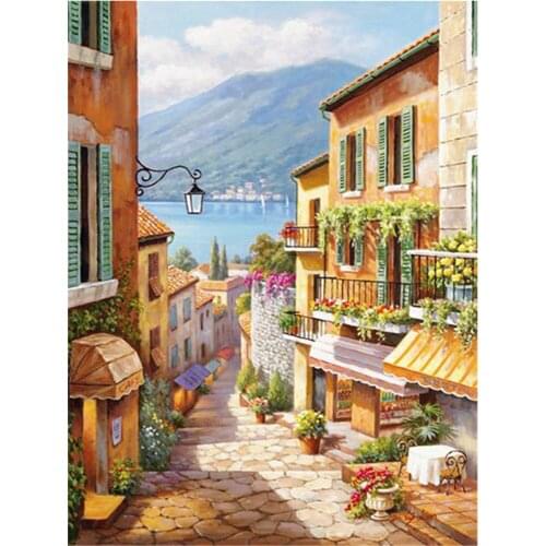 Landscape Street DIY 11CT Cross Stitch Embroidery Kits Craft Needlework Set Printed Canvas Cotton Thread Home Design