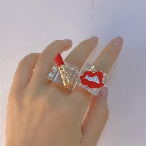 2021 New Red Lipstick Alloy Rings for Women Creative Geometric Resin Ring Female Fashion Simple Ring Jewelry 90s Style Gifts