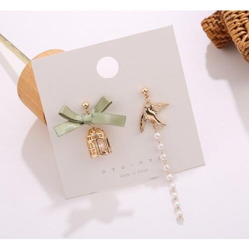 Simple Cute Green Bow Birdcage Bird Drop Earrings For Women Classic Elegant Pearl Asymmetry Ear Jewelry S925 Needle Accessorise